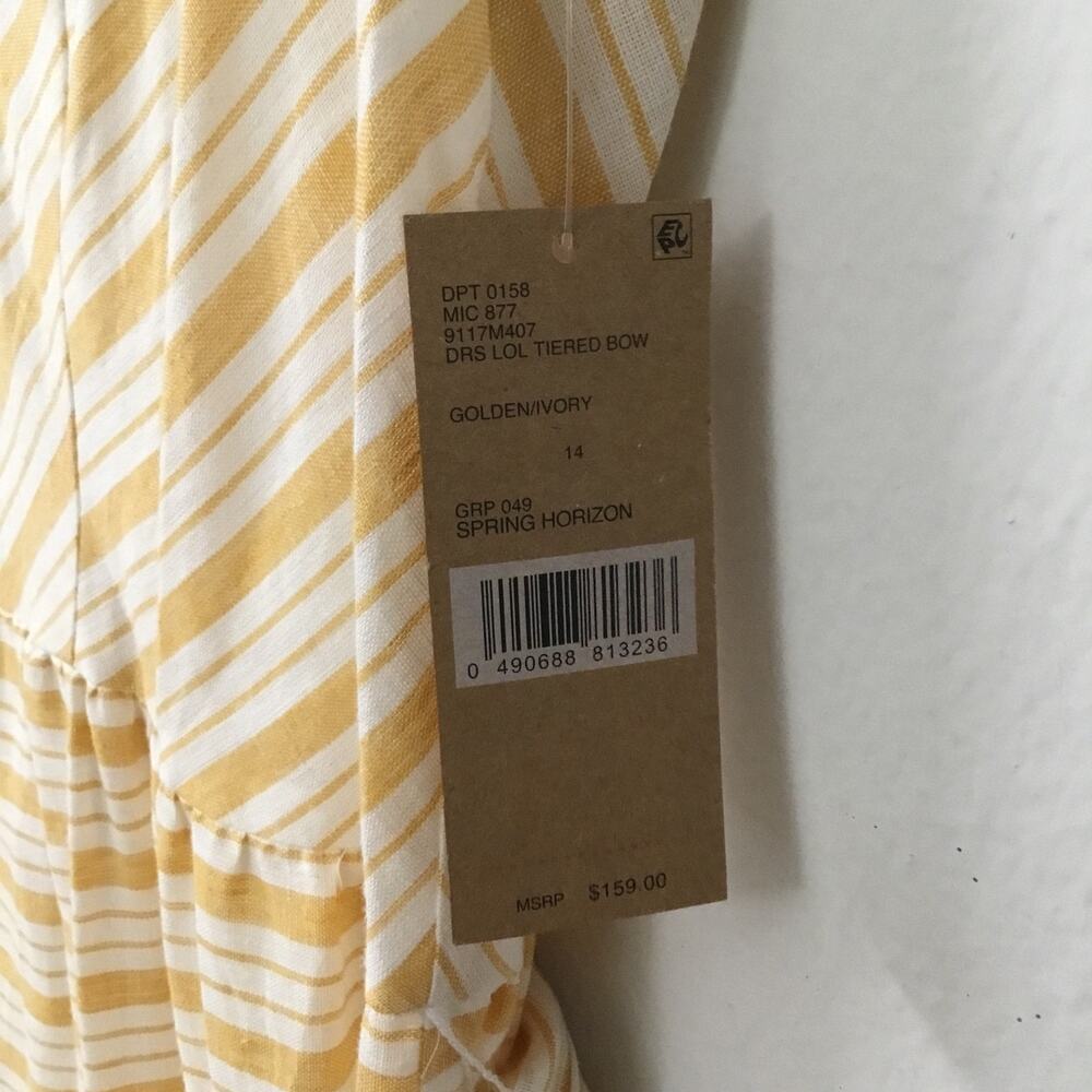 CREMIEUX Dress Tiered Maxi Sundress V Neck Linen Cotton Yellow Ivory Sz 14 - Picture 4 of 7